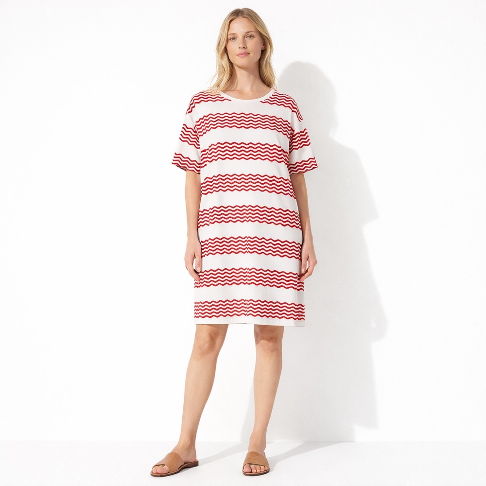 Oliver Bonas Red & White Wavy  Striped Oversized T-Shirt Dress Size 14 Staple